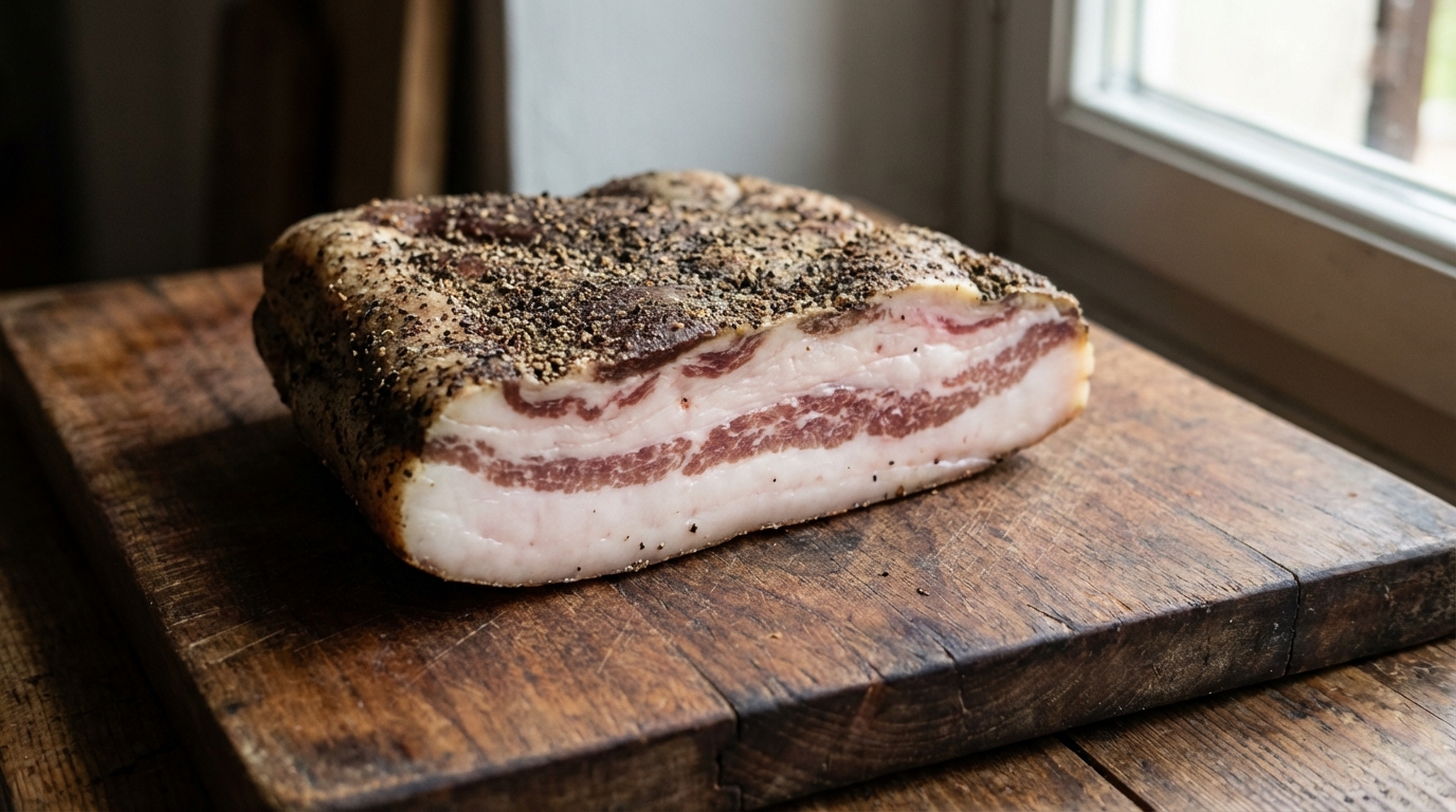 Guanciale entier affiné au poivre sur une planche en bois rustique