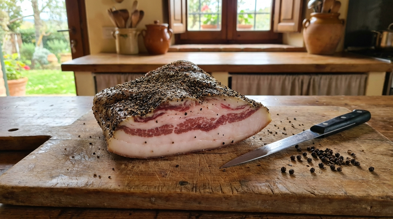 IMG_1-guanciale-entier-charcuterie-italienne Morceau entier de guanciale affiné sur une planche en bois avec poivre noir