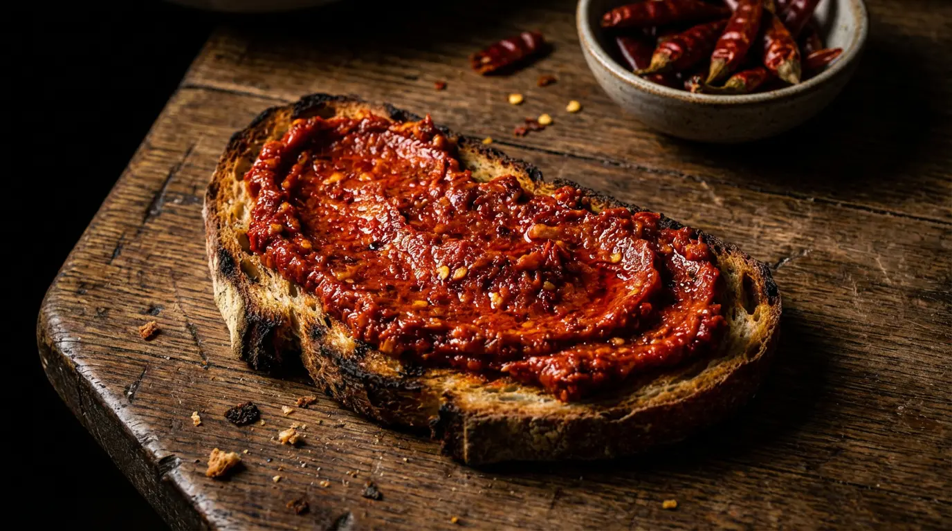 Tartine de nduja calabraise authentique sur pain rustique