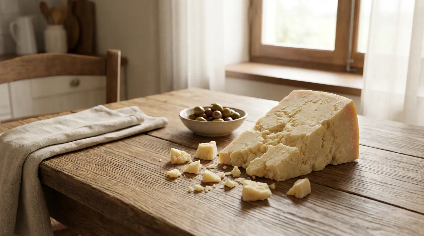 Morceau de Pecorino Romano affiné sur une table en bois rustique