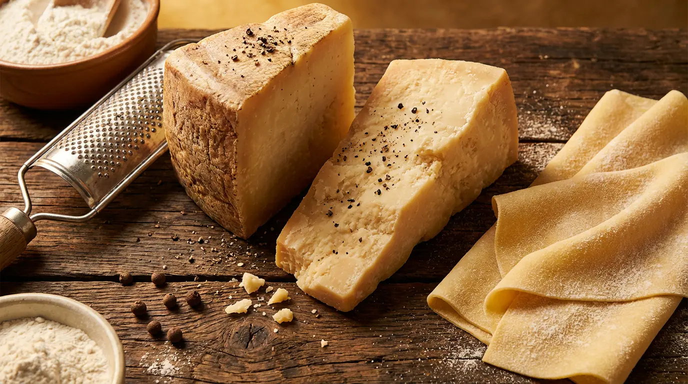 Blocs de Pecorino Romano et Parmigiano Reggiano sur une table en bois rustique