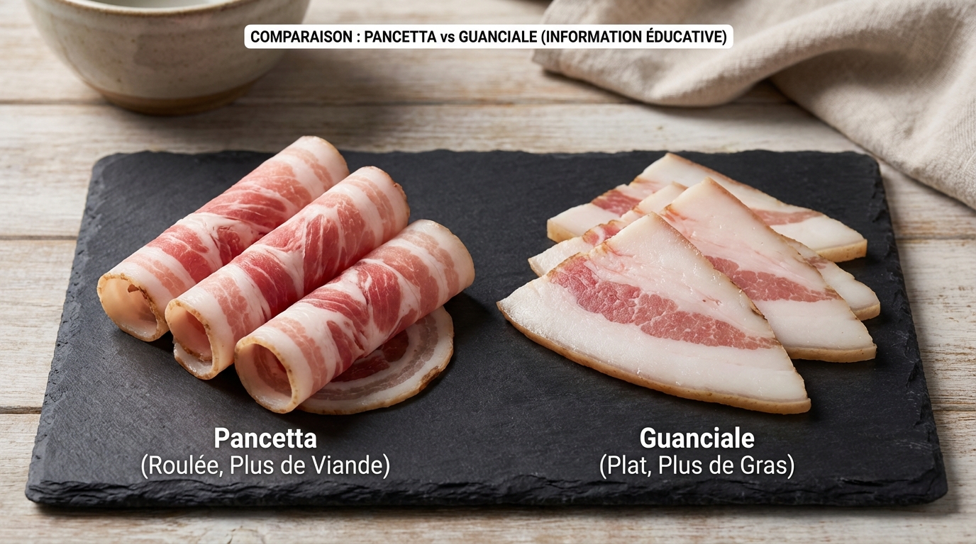 Comparaison visuelle entre pancetta et guanciale