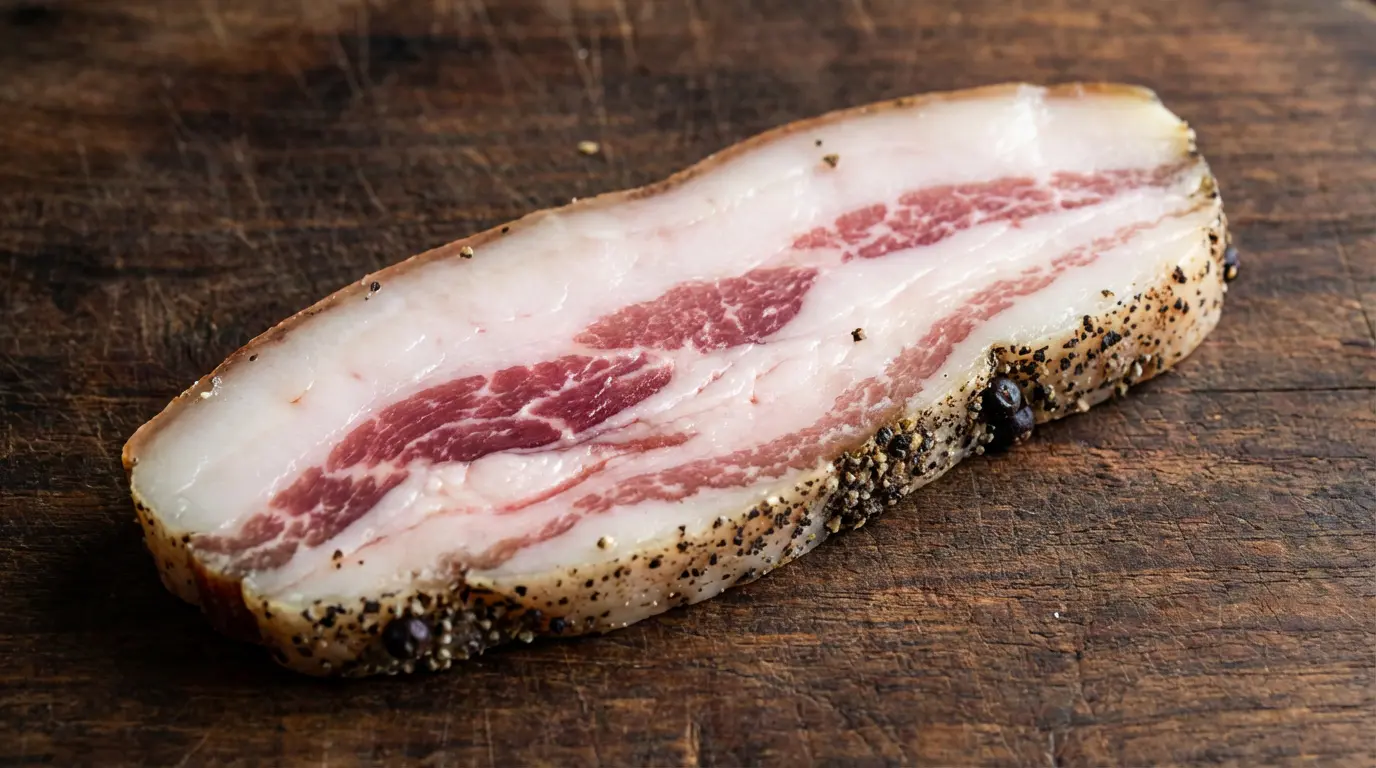 Tranche de guanciale cru montrant le gras blanc nacré et la chair rosée
