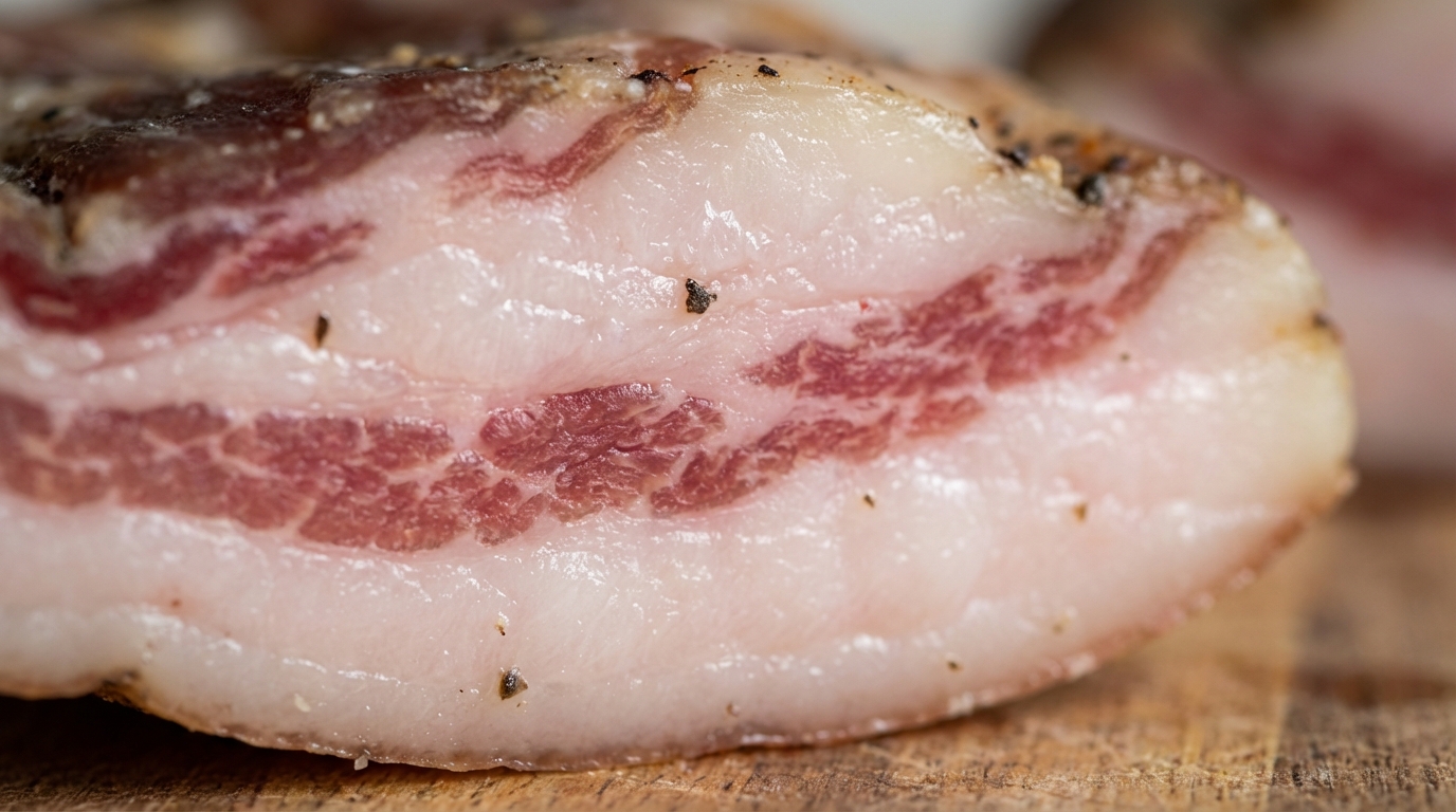 Coupe transversale de guanciale montrant le gras noble et la viande