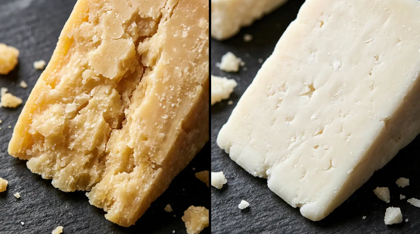 Gros plan macro montrant la texture granuleuse du parmesan contre la texture compacte du pecorino