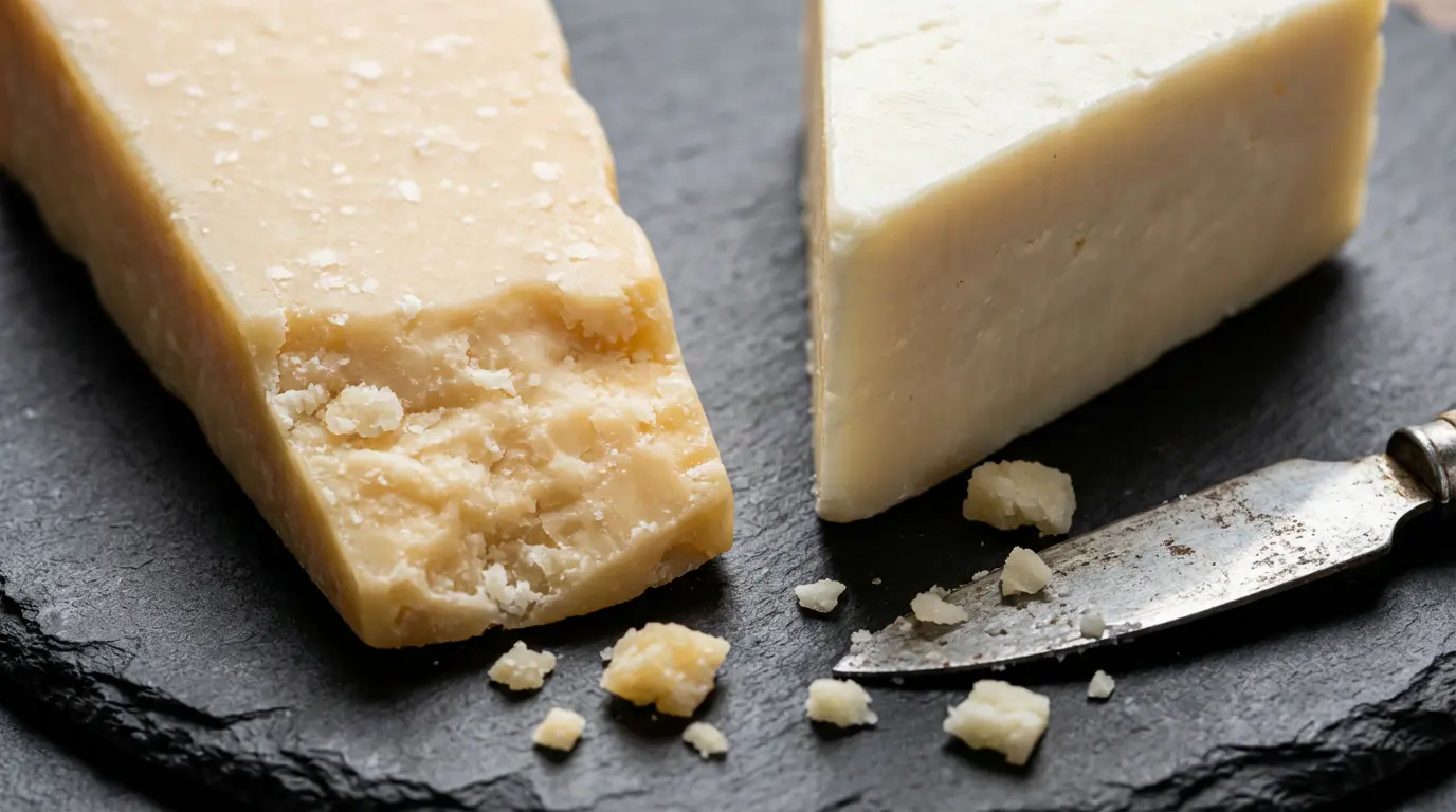 Gros plan texture comparée Parmigiano Reggiano et Pecorino Romano