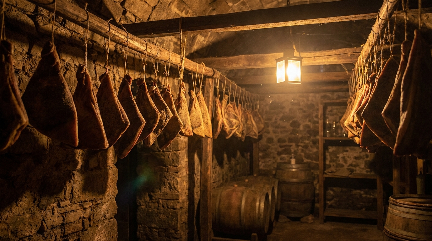 Cave d'affinage traditionnelle italienne avec guanciale suspendu