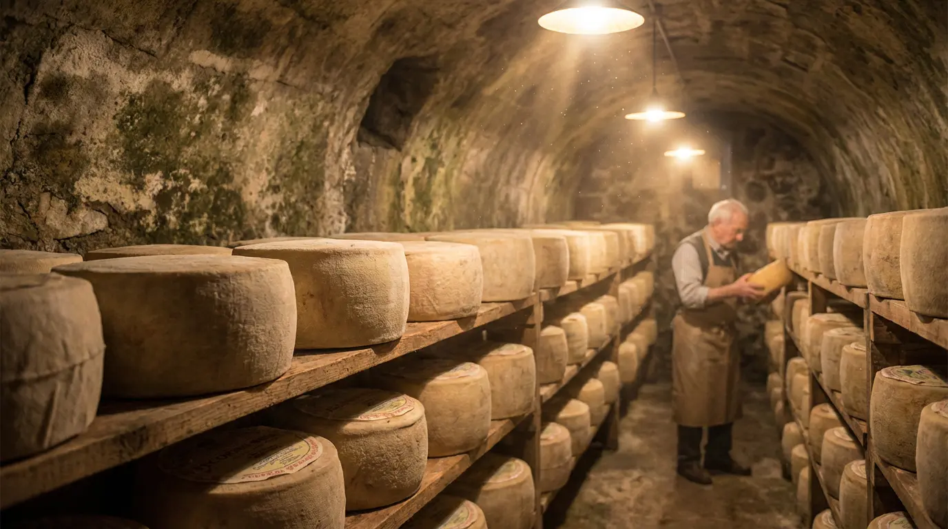 Cave d'affinage traditionnelle avec meules de Pecorino sur étagères