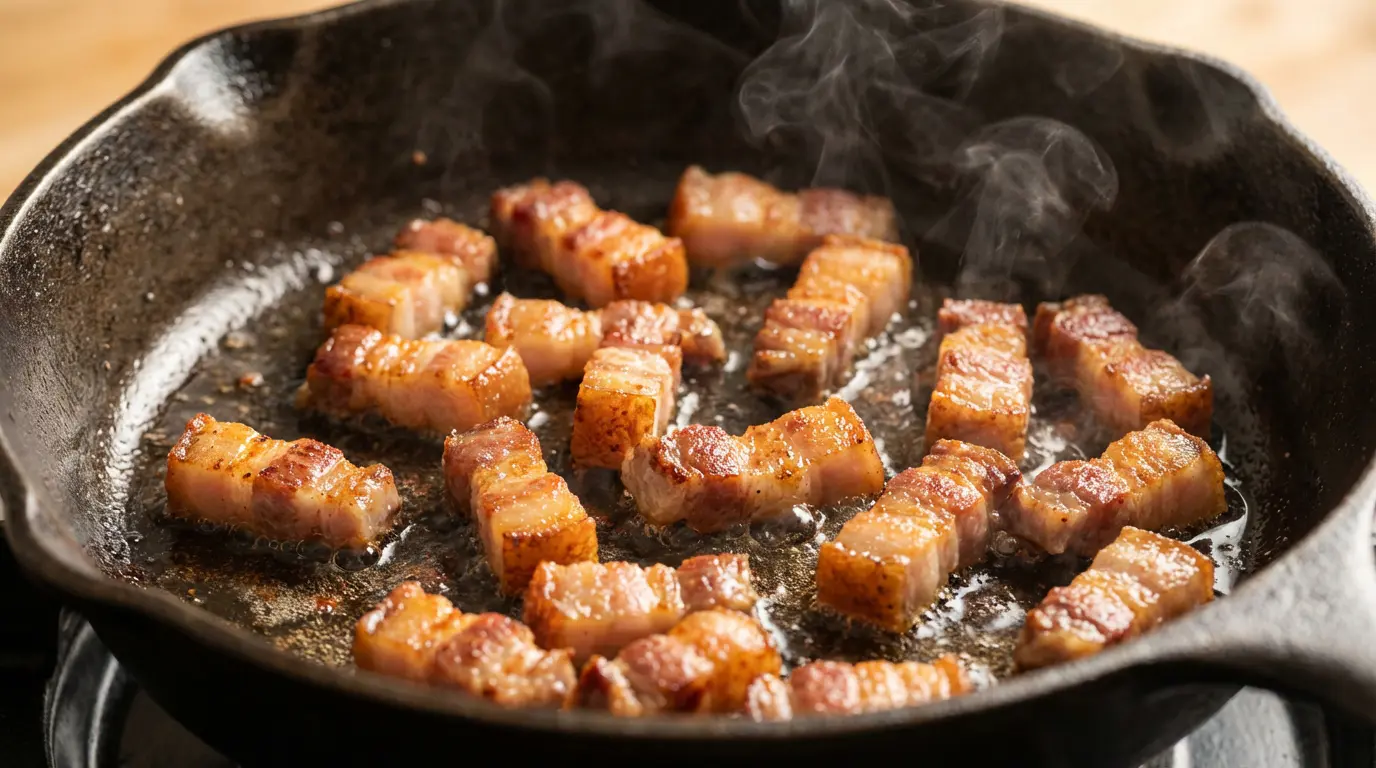 Cuisson du guanciale croustillant à la poêle