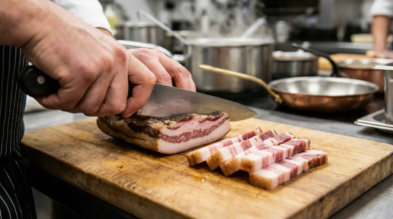 Découpe du guanciale en lanières régulières au couteau