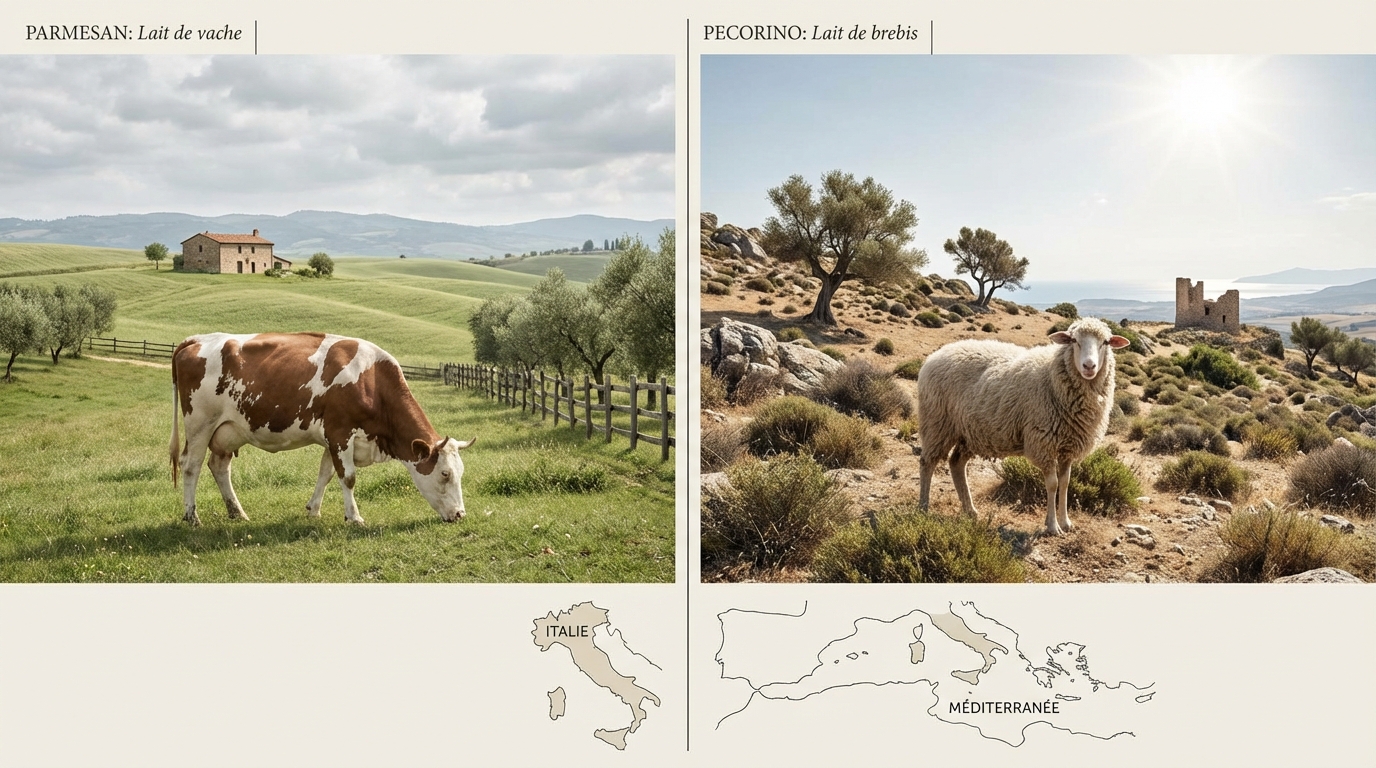Illustration comparative vache laitière pour le parmesan et brebis pour le pecorino dans leurs environnements