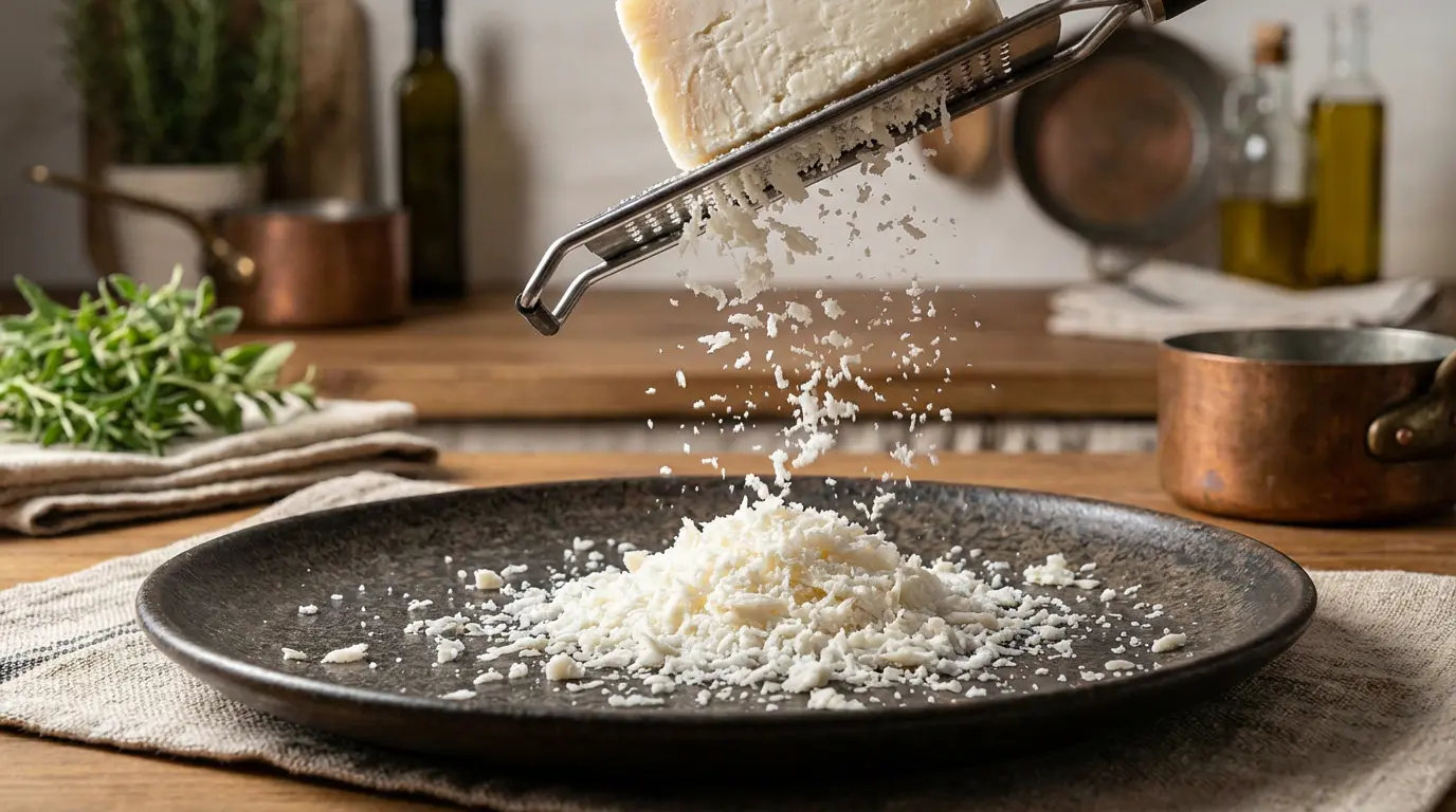 Ricotta Salata râpée montrant sa texture friable blanche