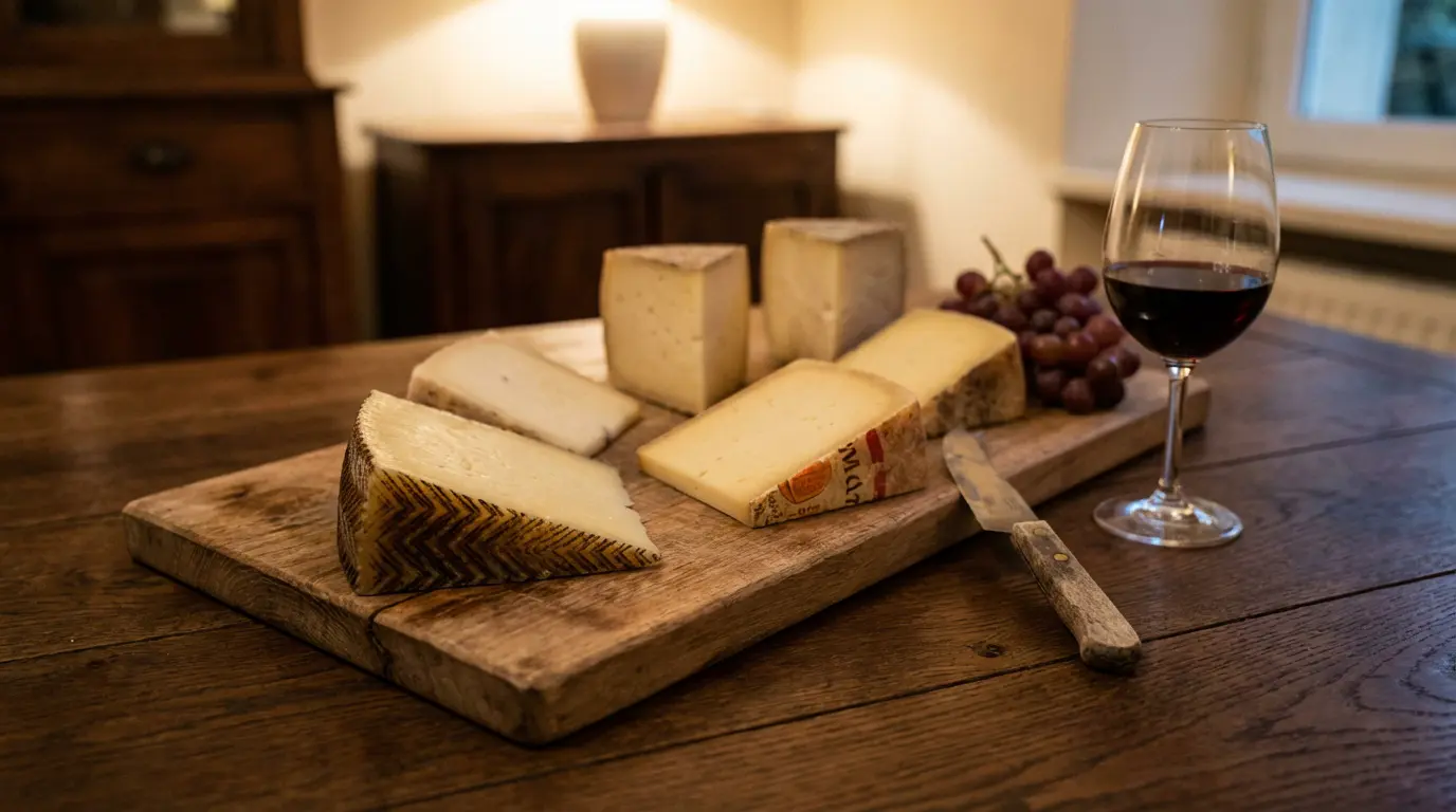 Fromages Manchego et Ossau-Iraty sur une planche en bois