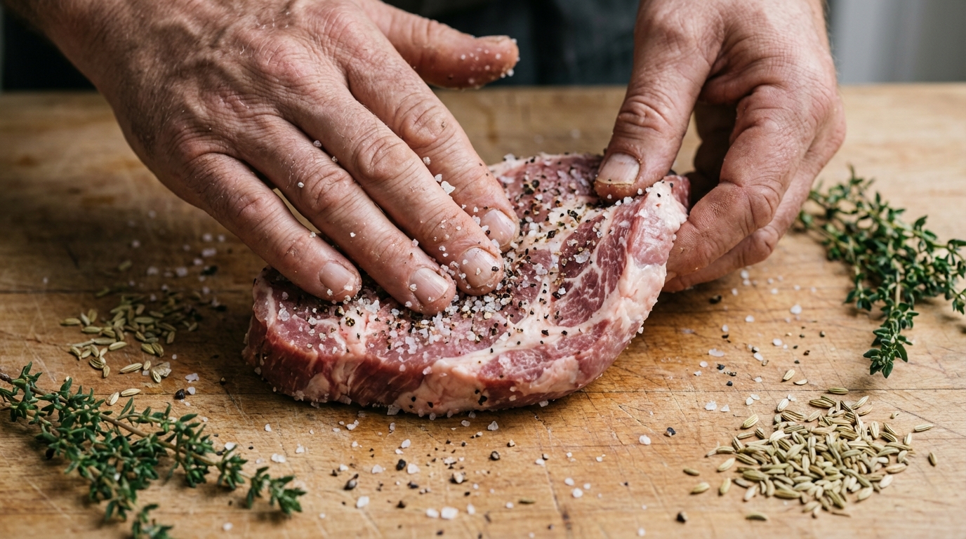 Préparation artisanale du guanciale frotté au sel et poivre