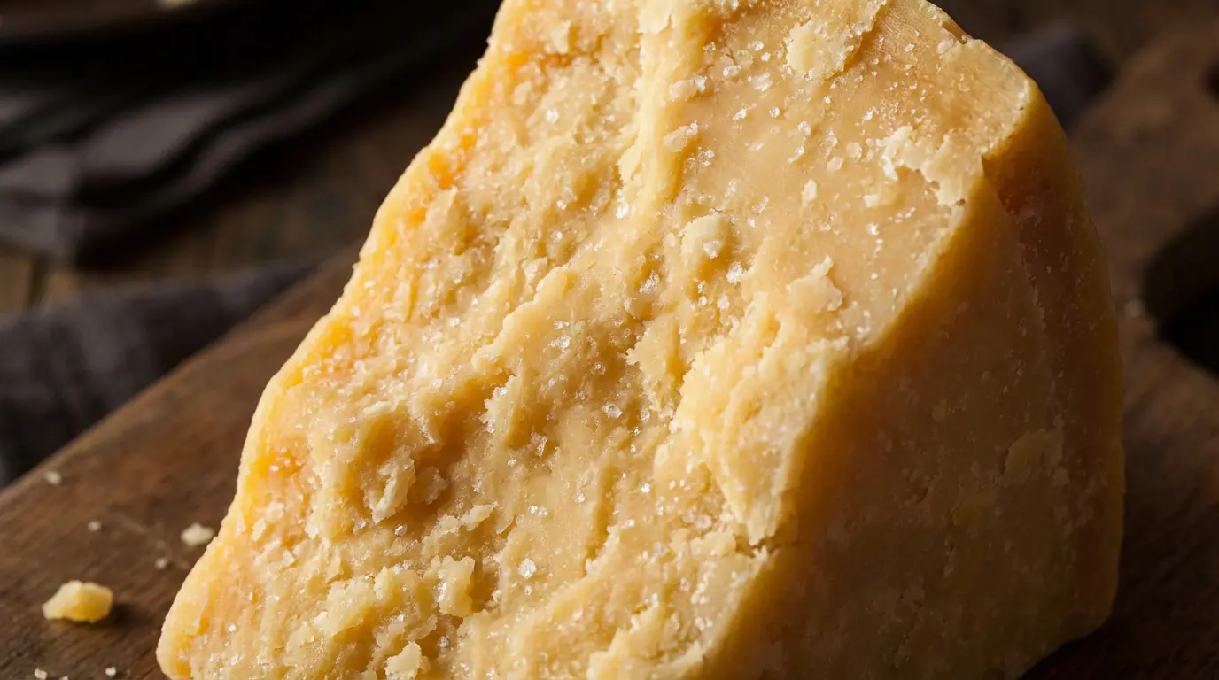 Cristaux de tyrosine visibles dans un morceau de parmesan affiné 30 mois