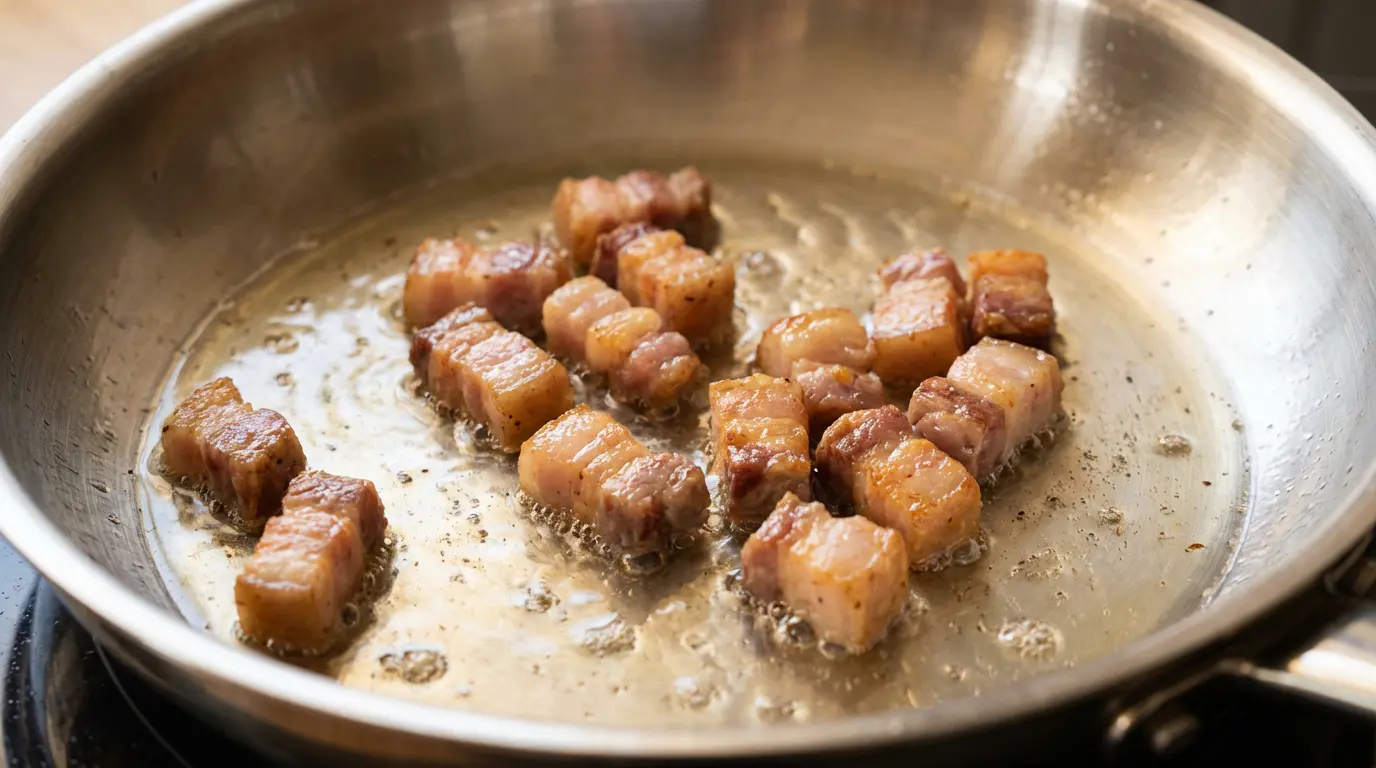 Cuisson du guanciale à la poêle sans huile sudation du gras