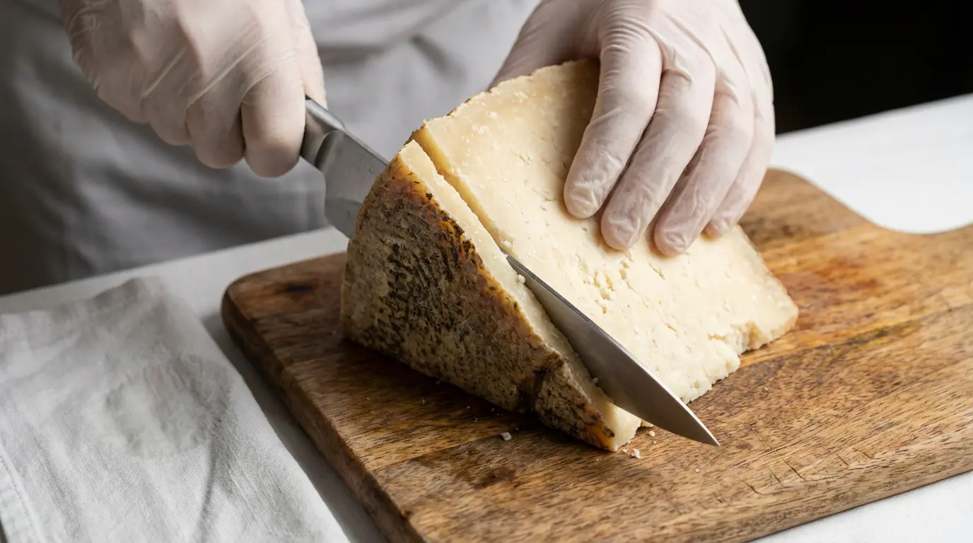 Découpe de la croûte du Pecorino au couteau pour éviter les bactéries