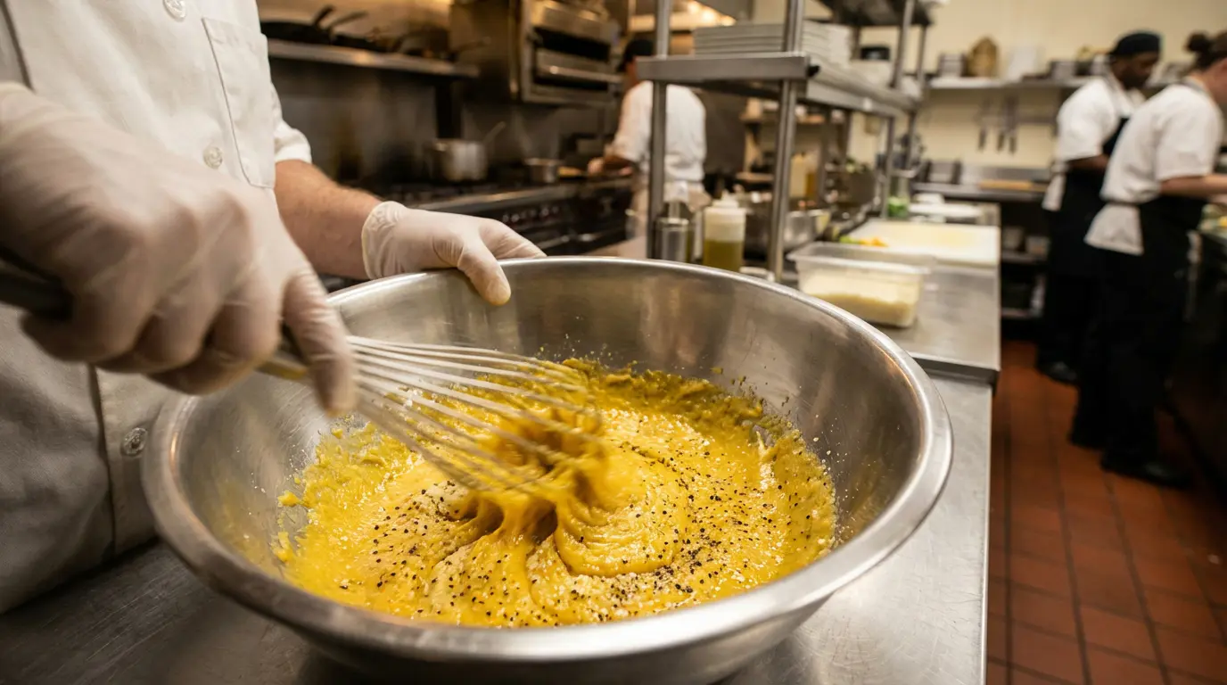 Préparation mélange oeufs et pecorino pour carbonara