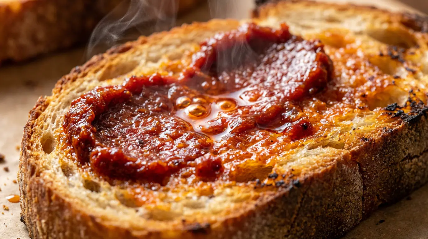 Texture fondante de la nduja sur pain grillé chaud