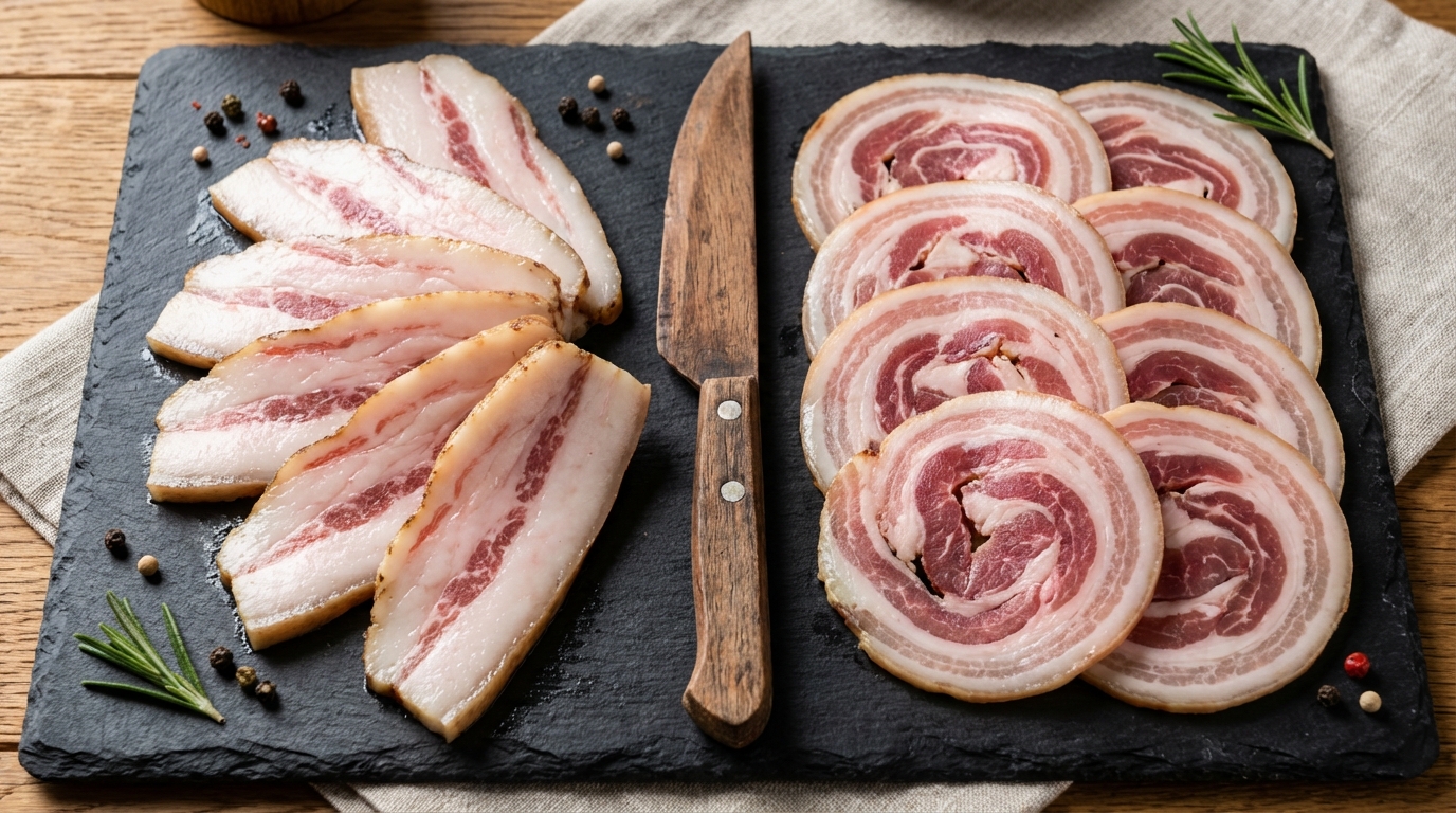 Comparaison visuelle entre tranches de guanciale et pancetta