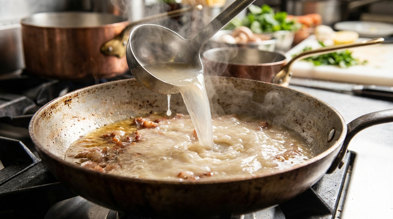 Émulsion du gras de guanciale avec eau de cuisson des pâtes