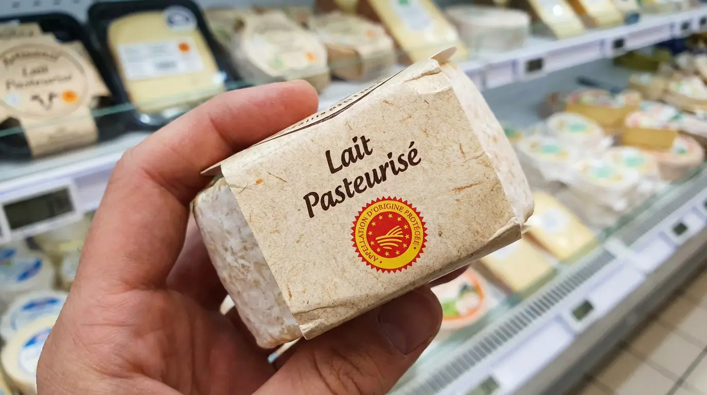 Lecture de l'étiquette fromage mention lait pasteurisé ou AOP