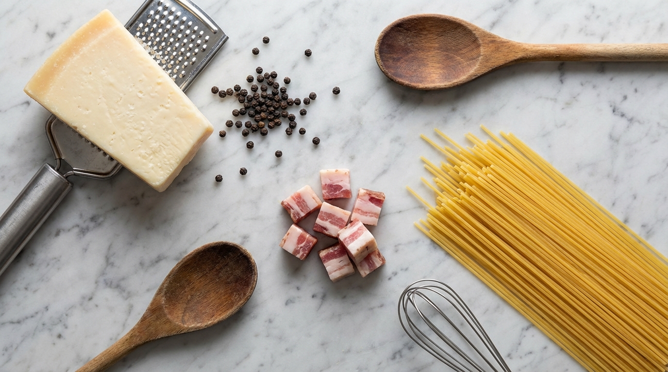 Ingrédients carbonara pecorino poivre et porc