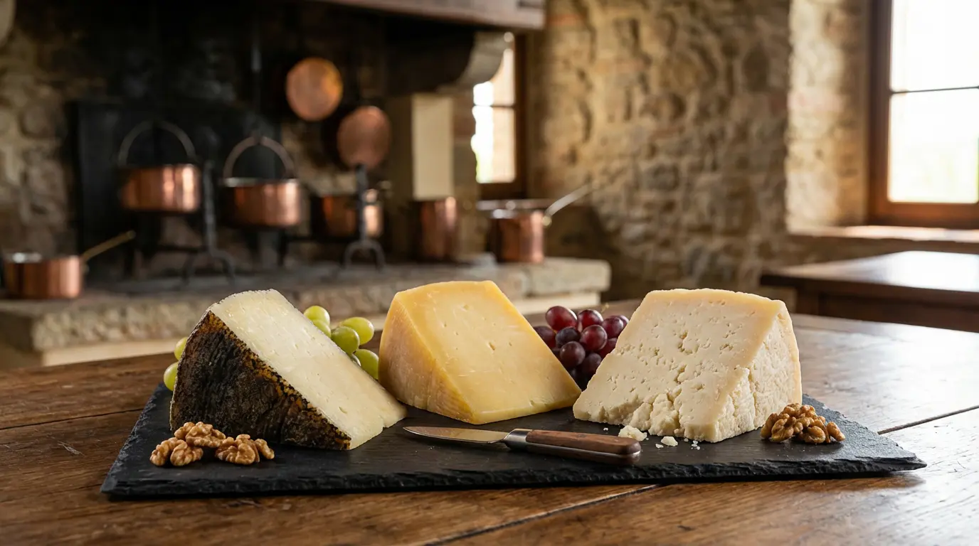 Présentation de trois variétés de Pecorino : Romano, Toscano et Sardo sur une planche