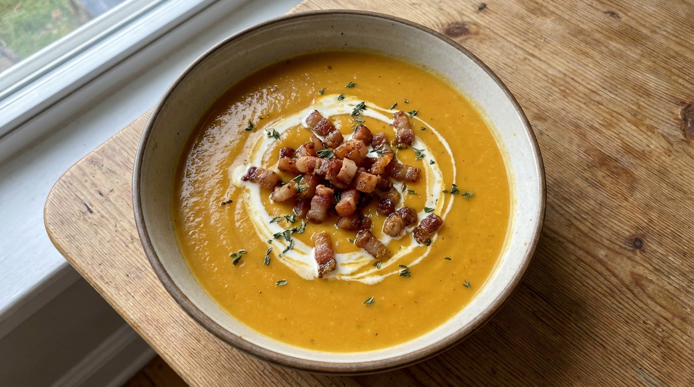 Soupe au potiron garnie de guanciale croustillant