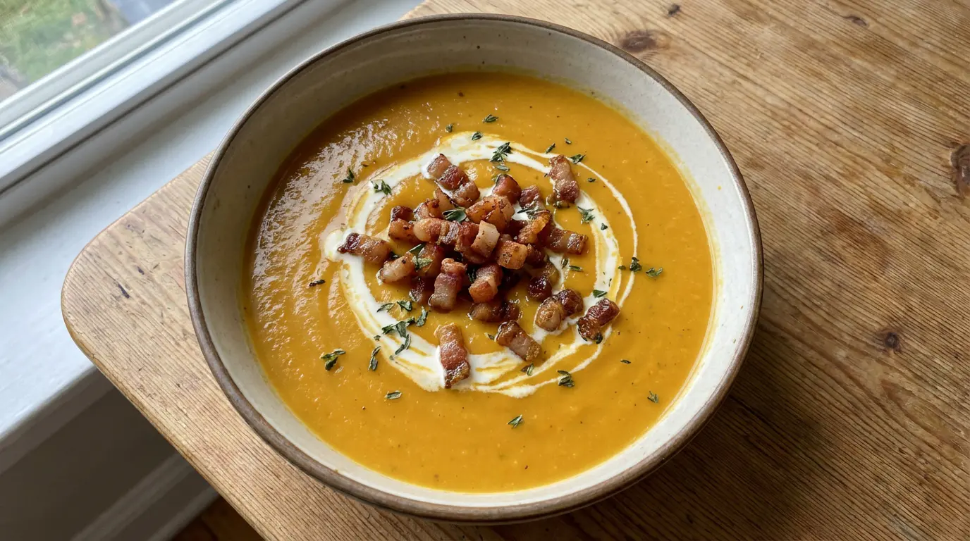 Soupe au potiron garnie de guanciale croustillant