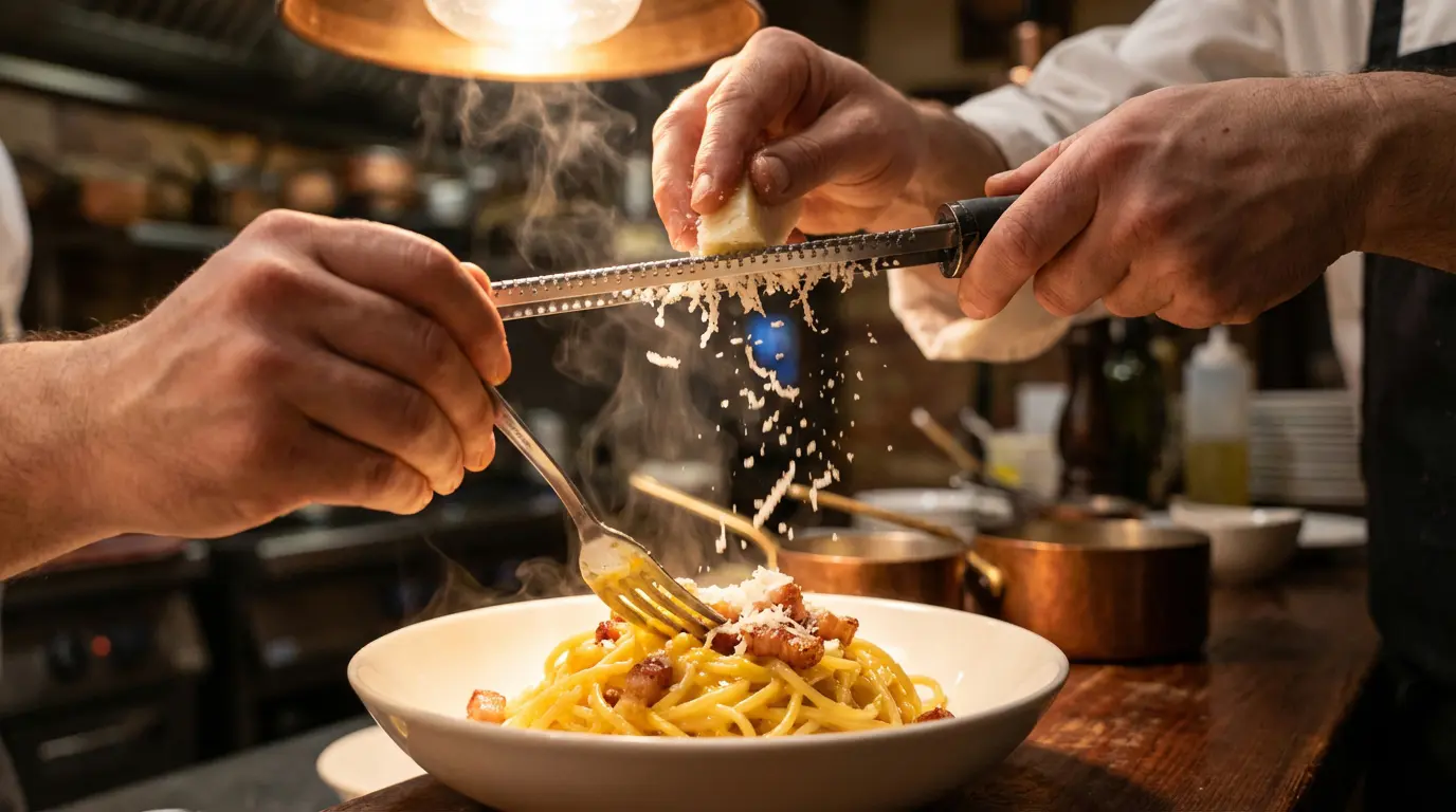 Chef râpant du Pecorino Romano frais sur des pâtes carbonara authentiques