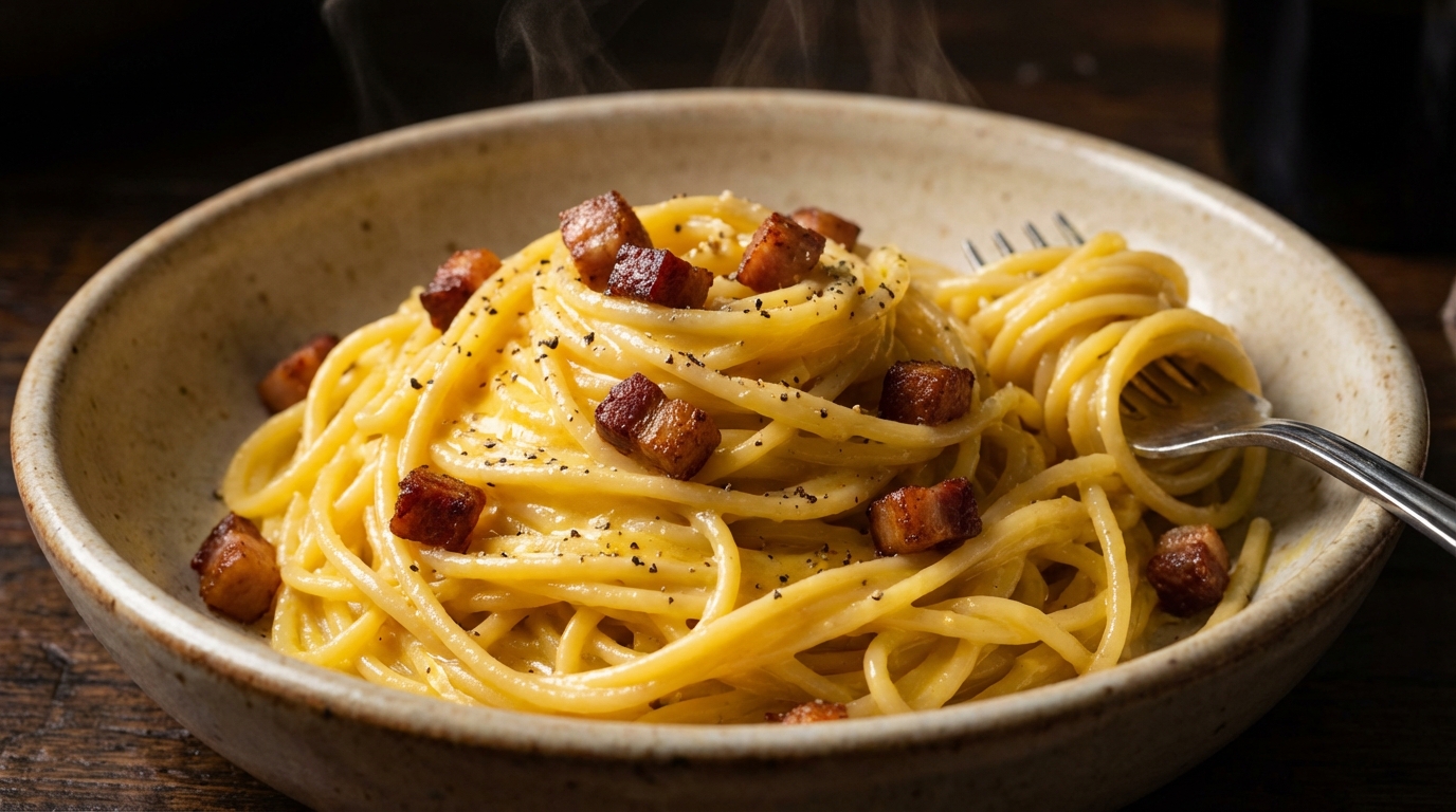 Vraie carbonara romaine avec morceaux de guanciale croustillants