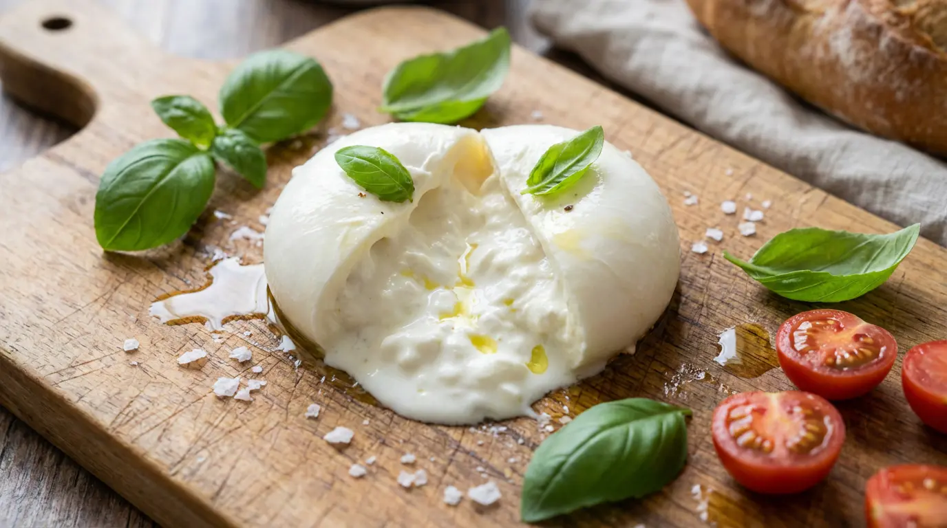 IMG_1-burrata-coeur-cremeux-stracciatella Burrata fraîche ouverte révélant son cœur crémeux de stracciatella sur une planche en bois