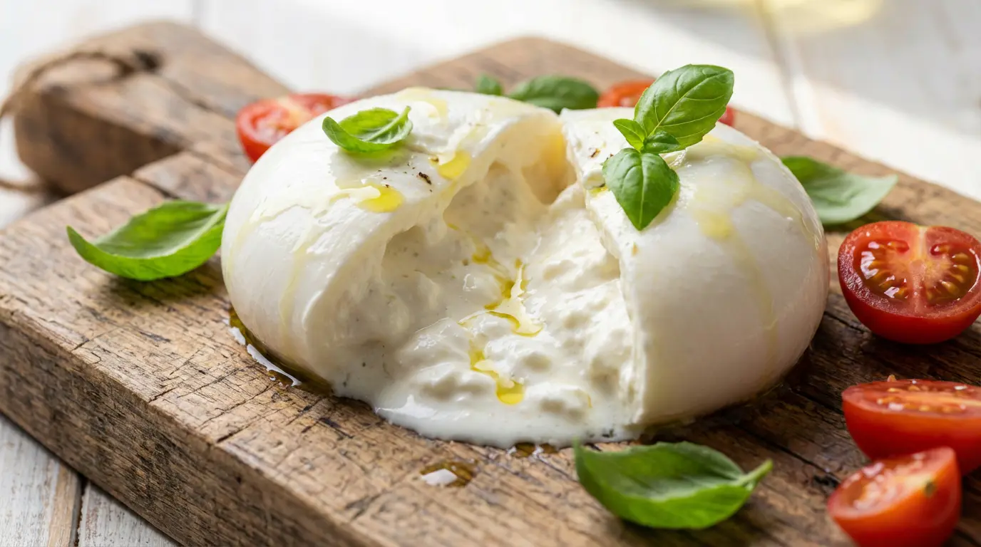 IMG_1-burrata-fait-grossir-coeur-cremeux Burrata fraîche coupée révélant son cœur crémeux sur une planche en bois