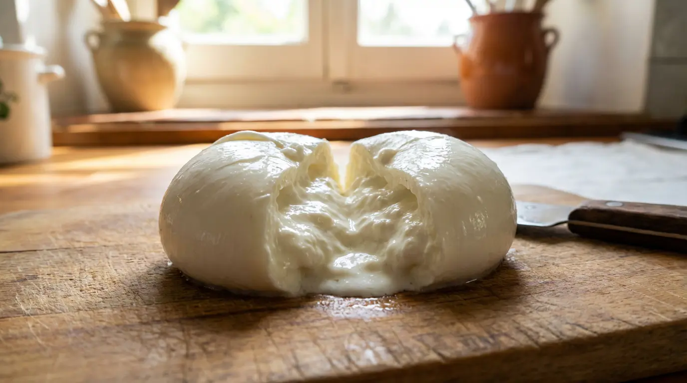 Burrata fraîche et crémeuse ouverte sur une planche en bois