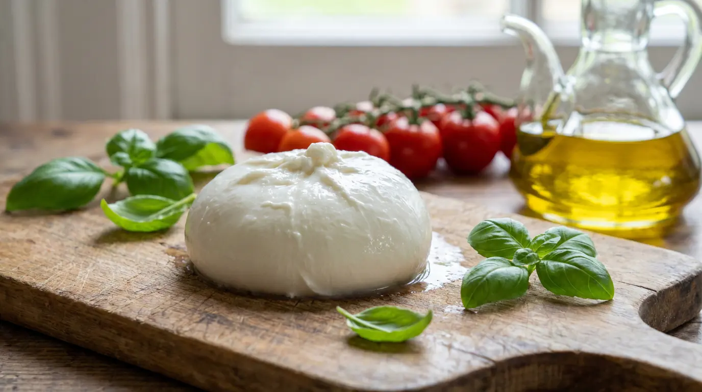 IMG_1-burrata-fraiche-pouilles-basilic Burrata fraîche des Pouilles sur planche en bois avec basilic et tomates