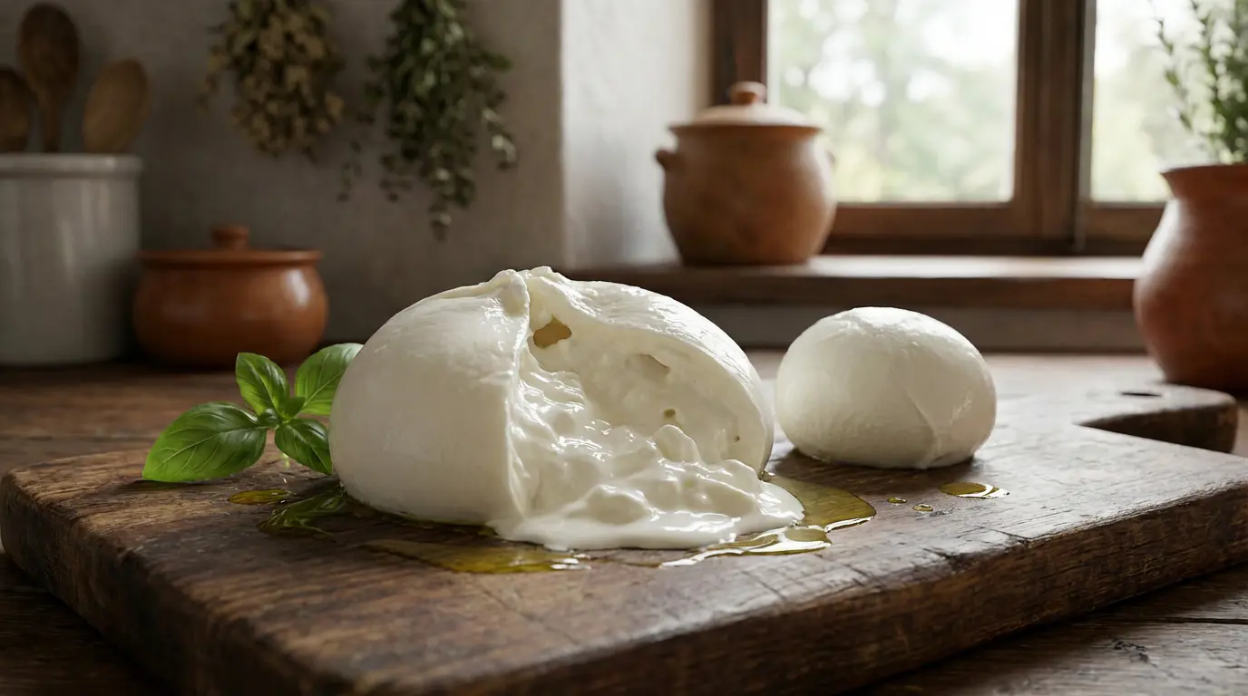 IMG_1-difference-burrata-mozzarella-visuel-chef Différence visuelle entre une burrata crémeuse et une mozzarella ferme sur planche en bois