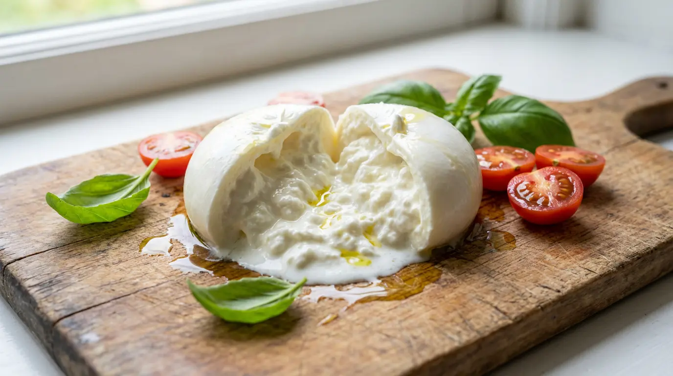 Burrata fraîche coupée révélant son cœur crémeux de stracciatella sur une planche en bois