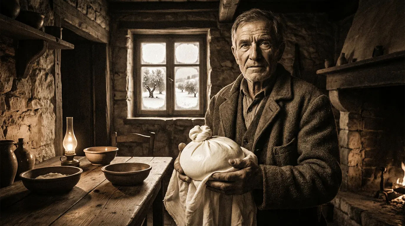 Lorenzo Bianchino inventant la burrata dans sa ferme enneigée d'Andria en 1956