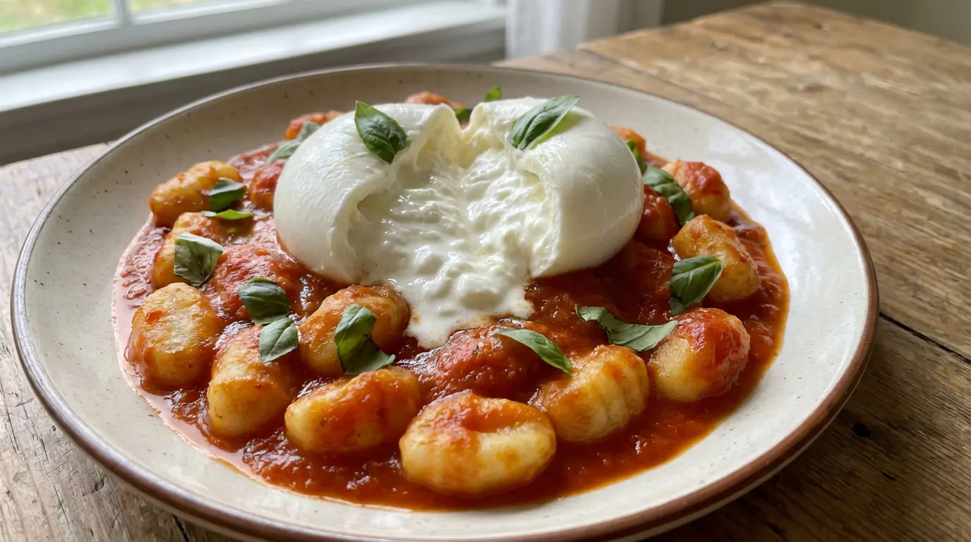IMG_1-recette-gnocchi-burrata-sauce-tomate Assiette de gnocchis à la sauce tomate surmontée d'une burrata crémeuse et de basilic frais