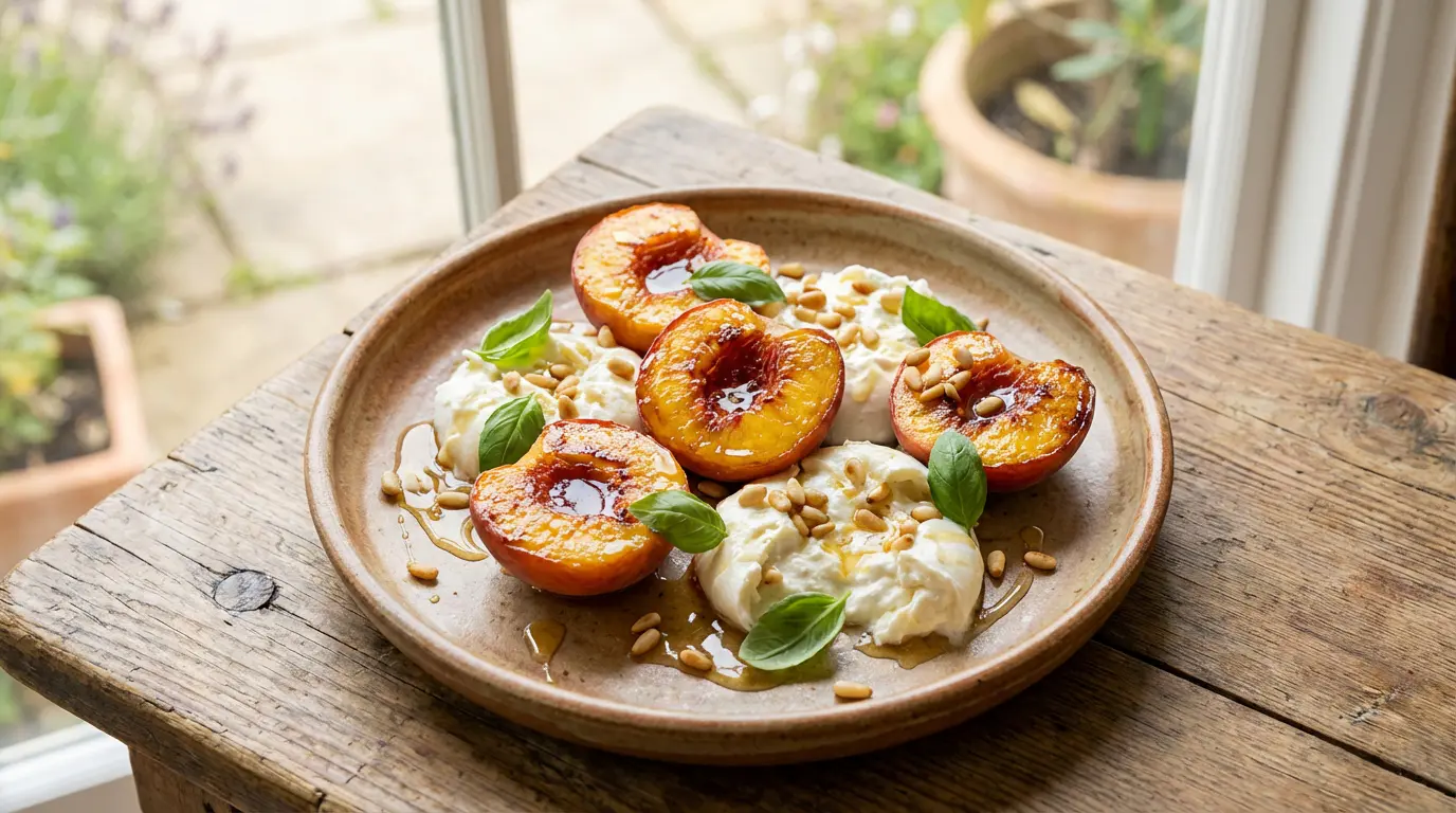 Assiette gastronomique de pêche rôtie et burrata crémeuse au miel