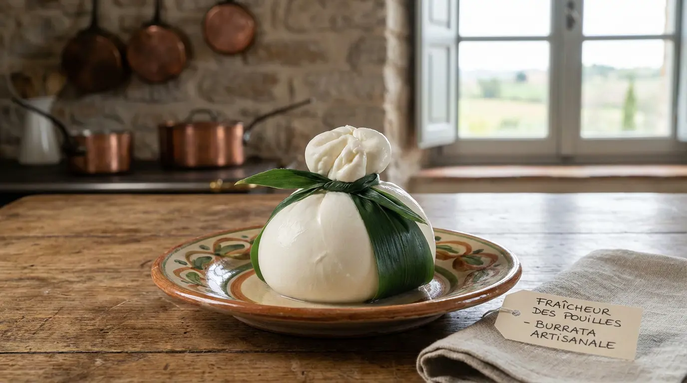 Boule de burrata entière authentique des Pouilles sur une assiette en céramique