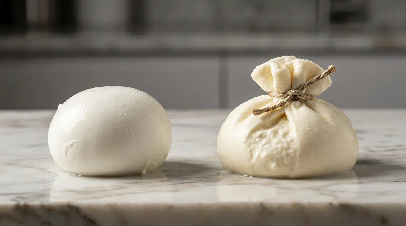 Comparaison côte à côte boule de mozzarella et burrata des Pouilles