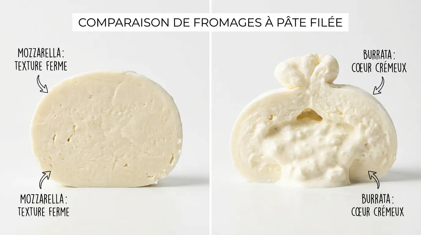 Comparaison coupe transversale mozzarella solide vs burrata crémeuse
