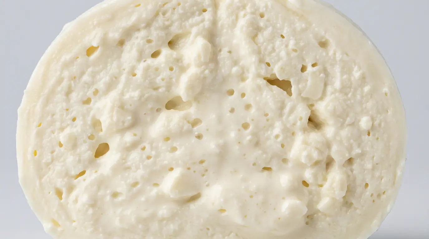 Gros plan texture burrata avec bulles de fermentation