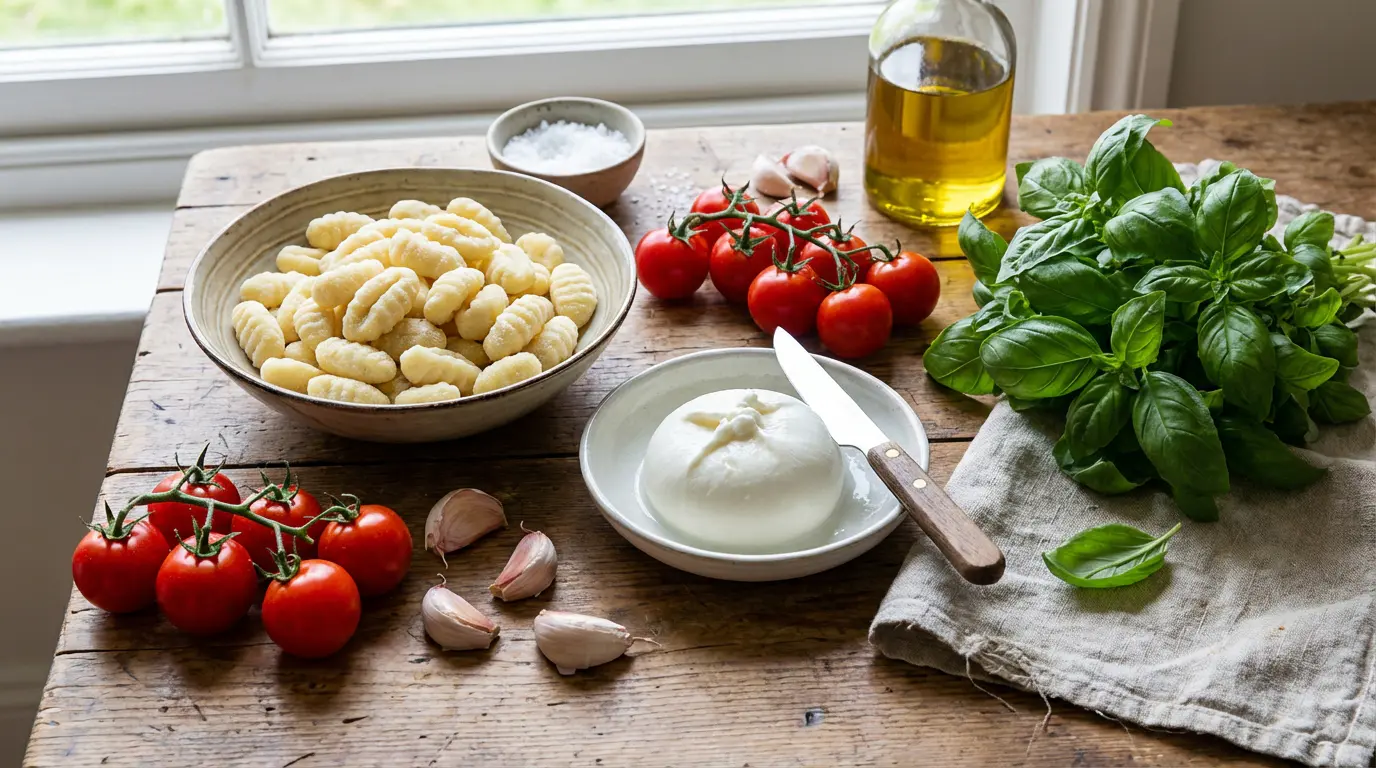 Ingrédients frais pour recette gnocchi burrata : tomates, fromage et basilic