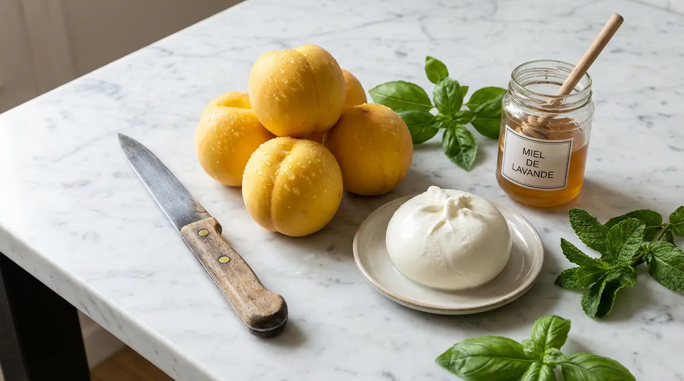 Ingrédients frais pêches jaunes et burrata di bufala sur marbre