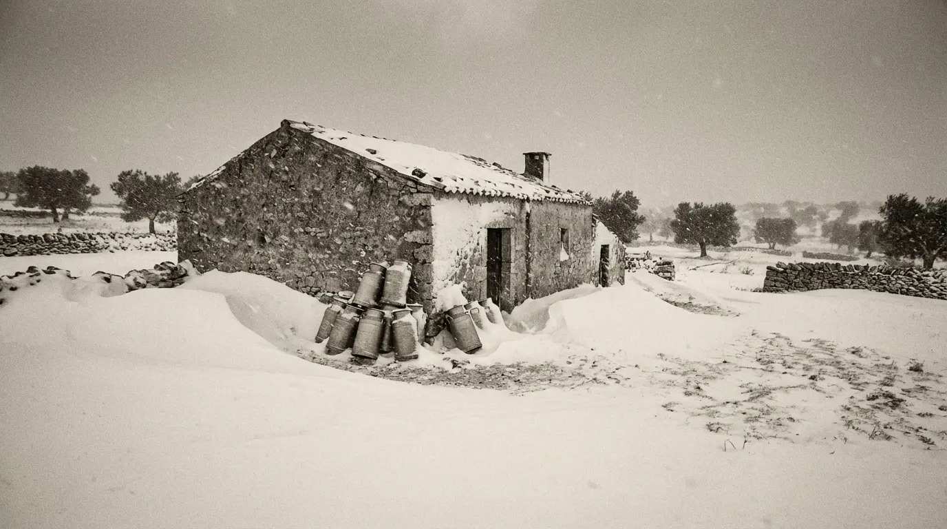 Tempête de neige de 1956 dans les Murge bloquant la ferme de Lorenzo Bianchino