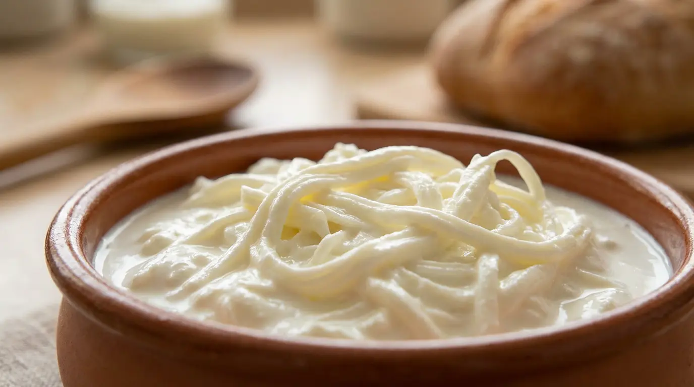 Texture détaillée de la stracciatella montrant les filaments de mozzarella et la crème