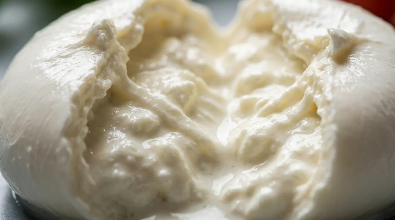 Gros plan texture stracciatella intérieur burrata